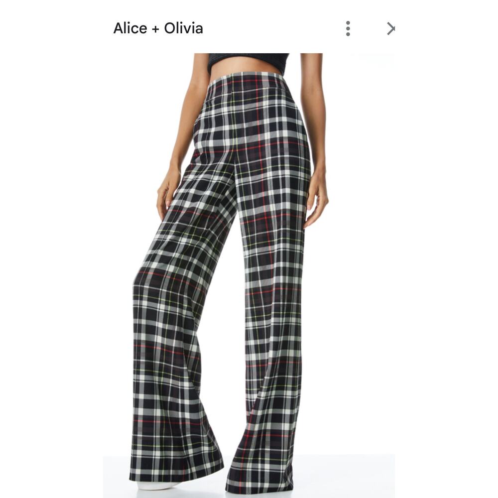 Alice + Olivia Black White Plaid Wide Leg Trousers with Red Accent